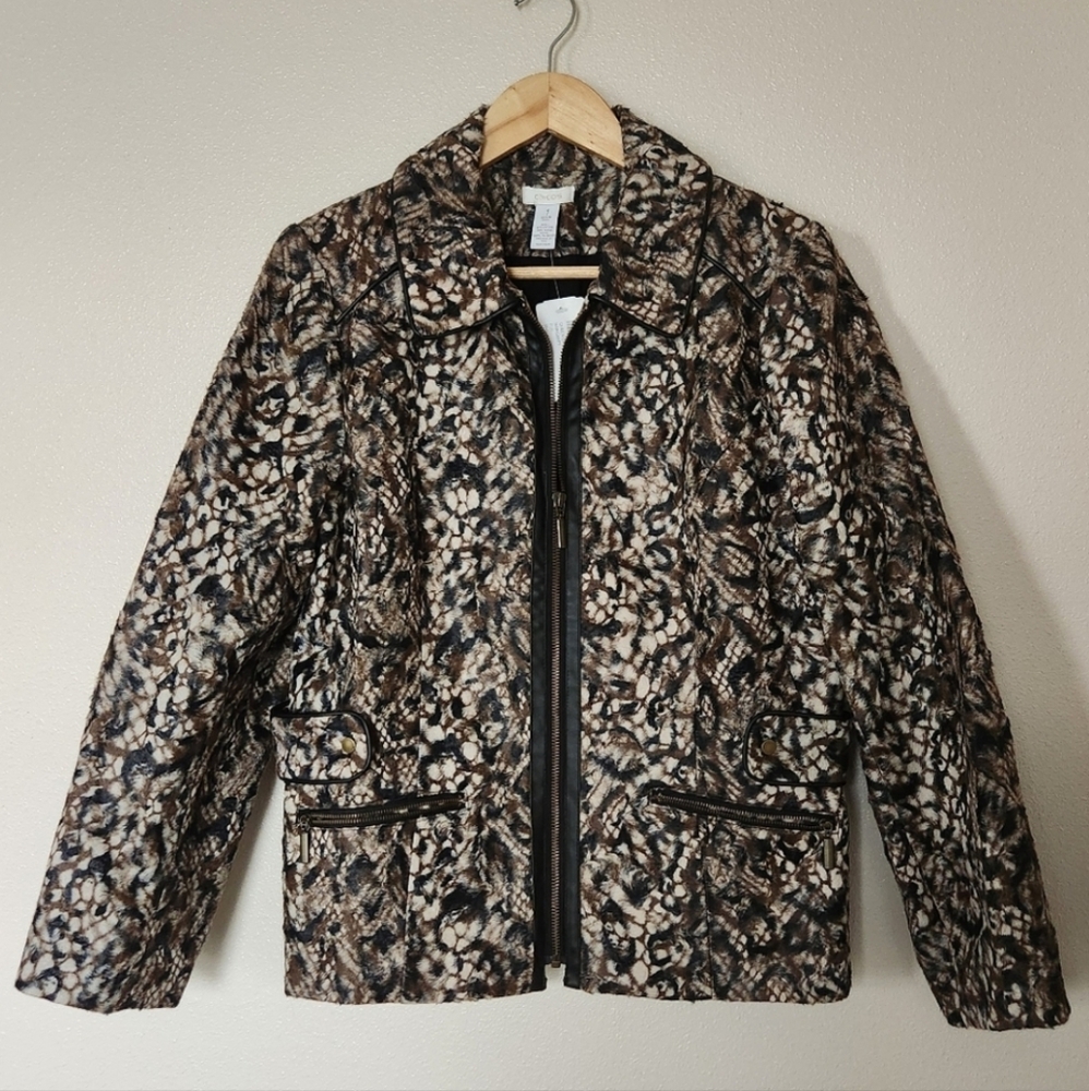 Chico's Queen of Elegance faux calf hair fur jacket animal print black brown 1 M